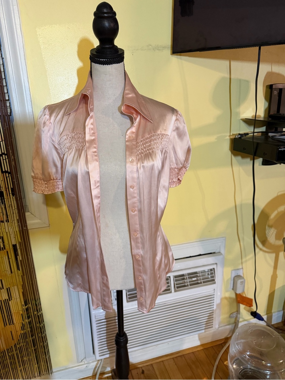 bebe Blush Satin Short-Sleeve Button-Up Blouse